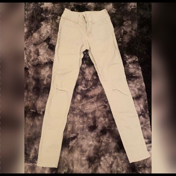 Pistachio/Grey high waisted jeggings w, rips - Picture 2 of 3